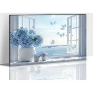 ALAYRA Farmhouse Canvas Wall Art, Modern Blue Flowers in White Bottle Painting Print for Bedroom Wall Decor, Framed Rustic Floral & Butterfly on Windowsill Poster Picture for Bedroom Artwork 12x18 Inc