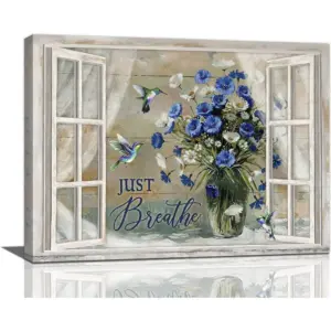 ALAYRA Farmhouse Daisy Wall Art Rustic Country Blue Flowers Pictures Wall Decor Floral Hummingbird Painting Just Breathe Canvas Print Framed Home Artwork for Living Room Bedroom Bathroom Office 12"x16