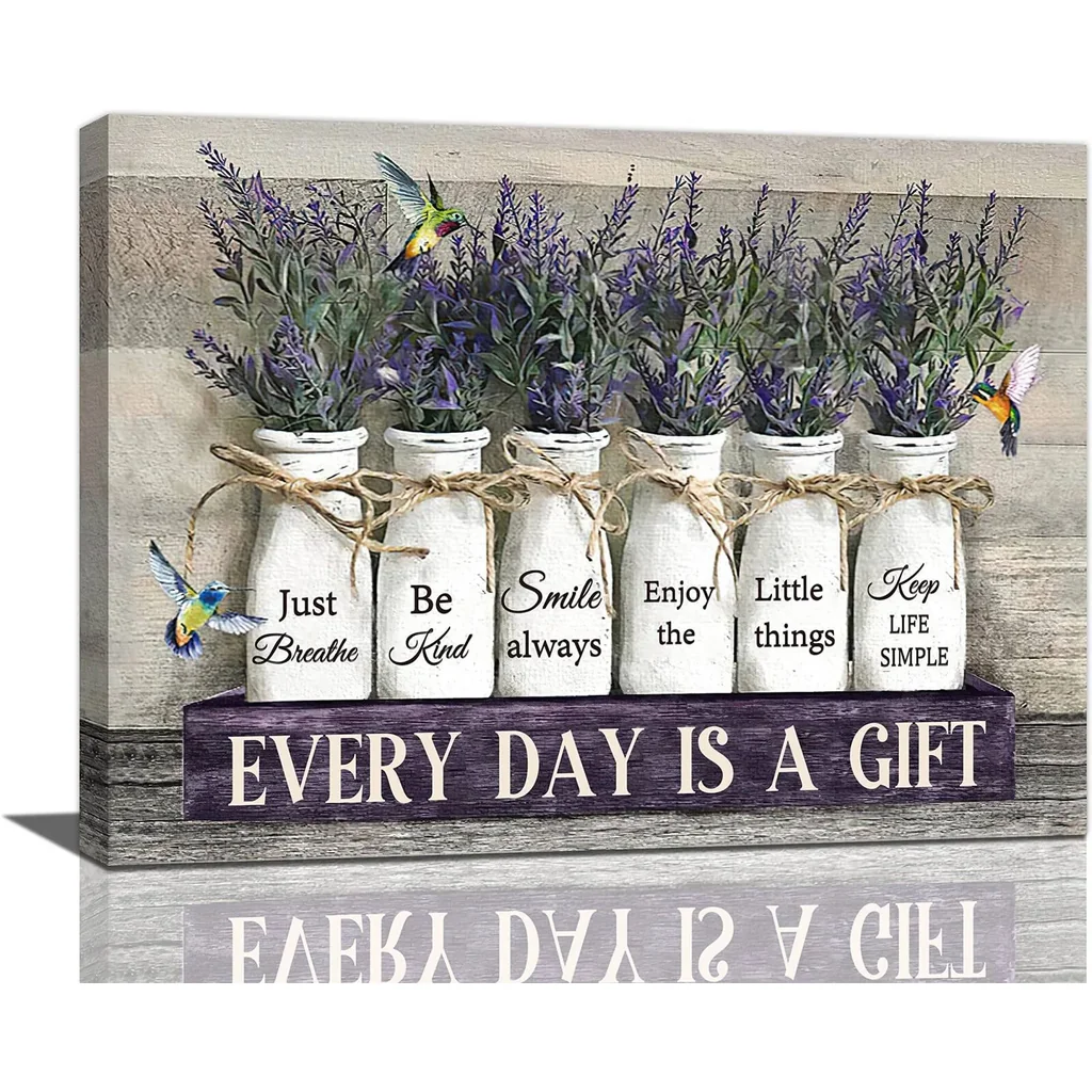 ALAYRA Farmhouse Flower Bathroom Decor Wall Art Purple Floral Bathroom Pictures Wall Decor Every Day is a Gifts Canvas Painting Prints Modern Artwork Home Decoration for Bedroom Living Room 16"x12" 01