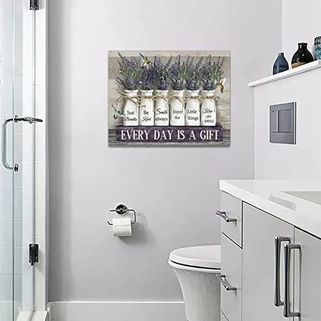 ALAYRA Farmhouse Flower Bathroom Decor Wall Art Purple Floral Bathroom Pictures Wall Decor Every Day is a Gifts Canvas Painting Prints Modern Artwork Home Decoration for Bedroom Living Room 16"x12" 01 - Image 2