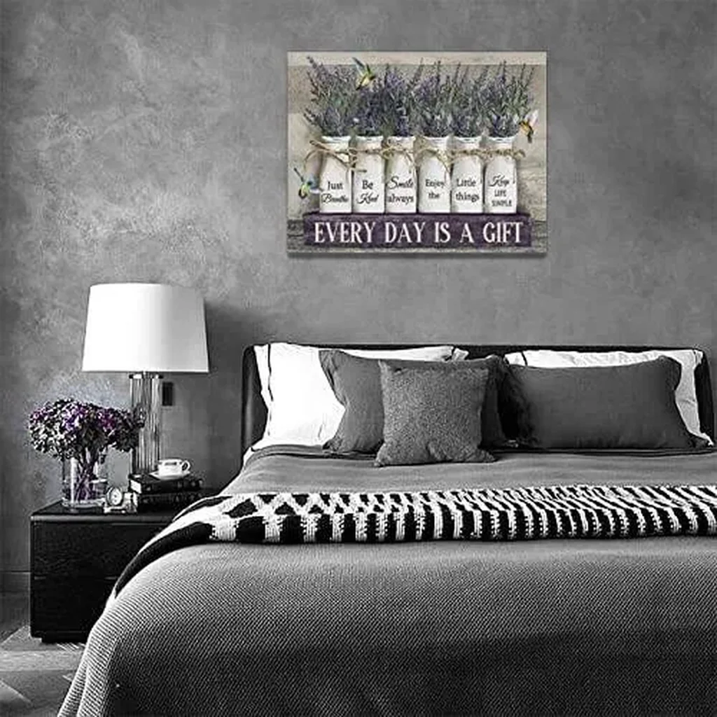 ALAYRA Farmhouse Flower Bathroom Decor Wall Art Purple Floral Bathroom Pictures Wall Decor Every Day is a Gifts Canvas Painting Prints Modern Artwork Home Decoration for Bedroom Living Room 16"x12" 01 - Image 4