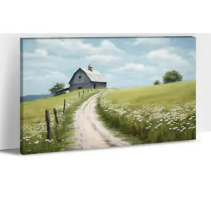 ALAYRA Farmhouse Wall Art - Teal Farmhouse Barn Pictures Wall Decor, Rustic Spring Barn Picture Wall Art, Farm Flower Field Canvas Print Framed For Room Decor Ready To Hang 18x24inches 01