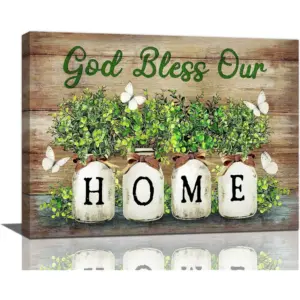 ALAYRA Farmhouse Wall Art Rustic Plant Pictures Wall Decor Country Plant Canvas Painting Prints God Bless Our Home Modern Artwork Home Decoration for Bathroom Bedroom Living Room 16"x12" 01