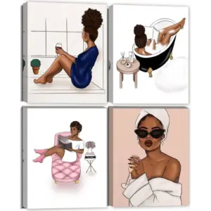 ALAYRA Fashion Wall Art Bathroom Decor Canvas Posters Prints Set of 4 Framed Wall Art Bathroom Pictures Modern Women Bathroom Pink Wall Decor 01