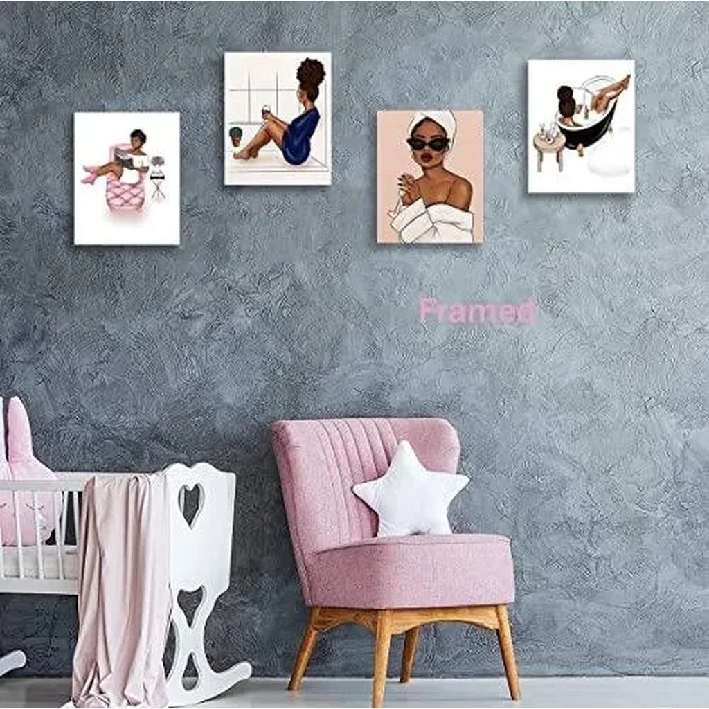 ALAYRA Fashion Wall Art Bathroom Decor Canvas Posters Prints Set of 4 Framed Wall Art Bathroom Pictures Modern Women Bathroom Pink Wall Decor 01 - Image 2