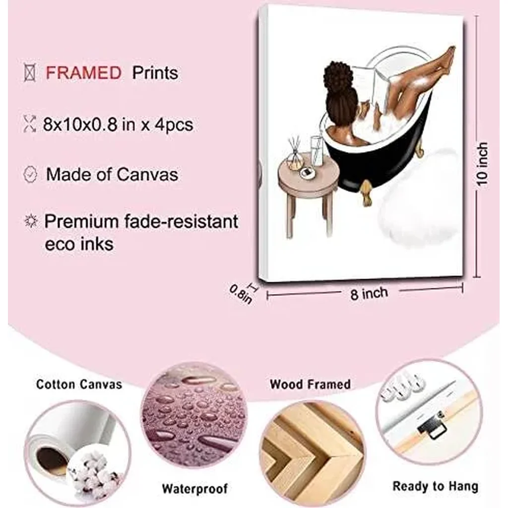 ALAYRA Fashion Wall Art Bathroom Decor Canvas Posters Prints Set of 4 Framed Wall Art Bathroom Pictures Modern Women Bathroom Pink Wall Decor 01 - Image 3