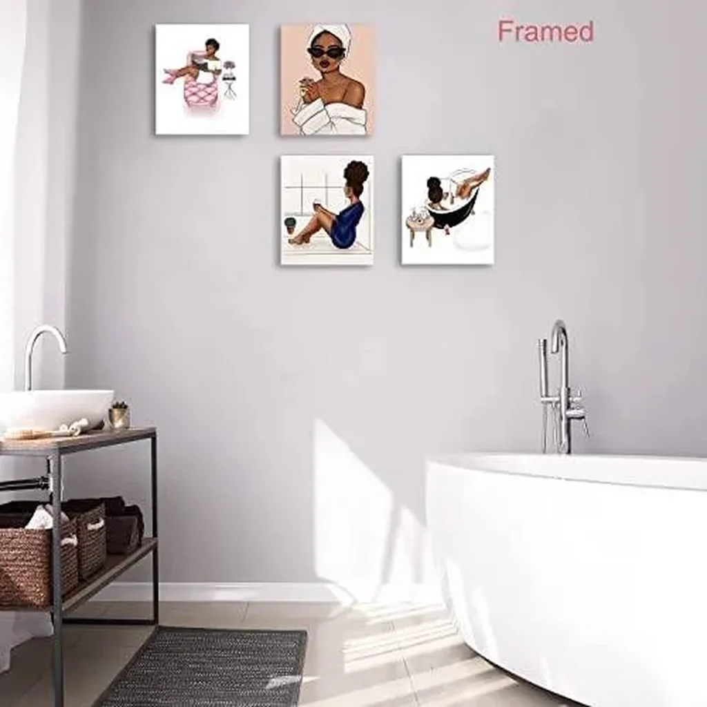ALAYRA Fashion Wall Art Bathroom Decor Canvas Posters Prints Set of 4 Framed Wall Art Bathroom Pictures Modern Women Bathroom Pink Wall Decor 01 - Image 4