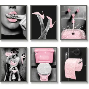 ALAYRA Fashion Wall Art Bathroom Decor Prints Set of 6 Pink Glam Glitter Tissue Canvas Posters Pictures Photos Bathroom Artwork Wall Black and White Modern Women Funny Bathroom (11"x14" UNFRAMED) 01
