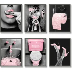ALAYRA Fashion Wall Art Bathroom Decor Prints Set of 6 Pink Glam Glitter Tissue Canvas Posters Pictures Photos Bathroom Artwork Wall Black and White Modern Women Funny Bathroom (8"x10" UNFRAMED) 01