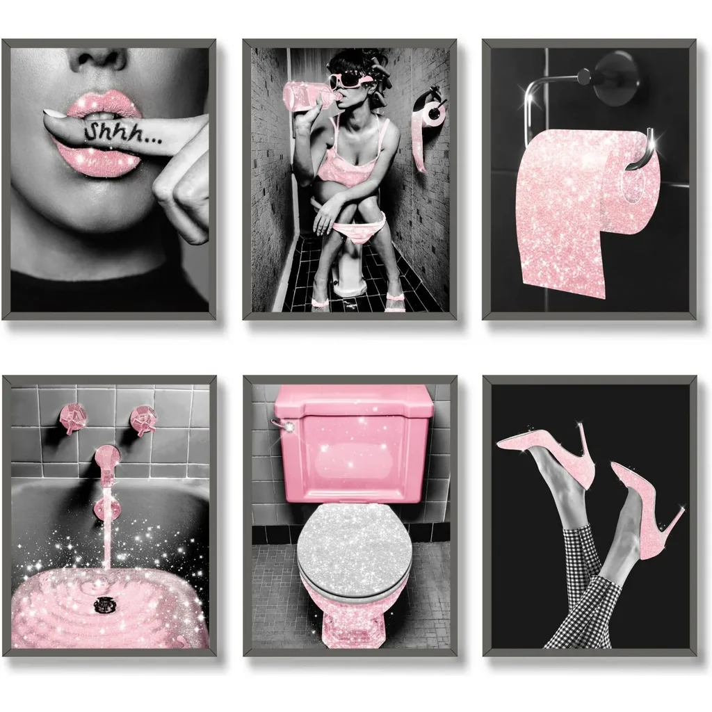 ALAYRA Fashion Wall Art Bathroom Decor Prints Set of 6 Pink Glam Glitter Tissue Canvas Posters Pictures Photos Bathroom Artwork Wall Black and White Modern Women Funny Bathroom (8"x10" UNFRAMED) 01