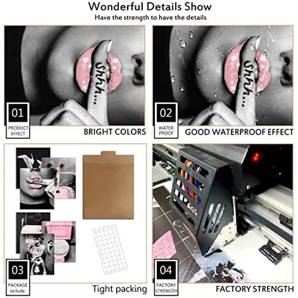 ALAYRA Fashion Wall Art Bathroom Decor Prints Set of 6 Pink Glam Glitter Tissue Canvas Posters Pictures Photos Bathroom Artwork Wall Black and White Modern Women Funny Bathroom (8"x10" UNFRAMED) 01 - Image 3