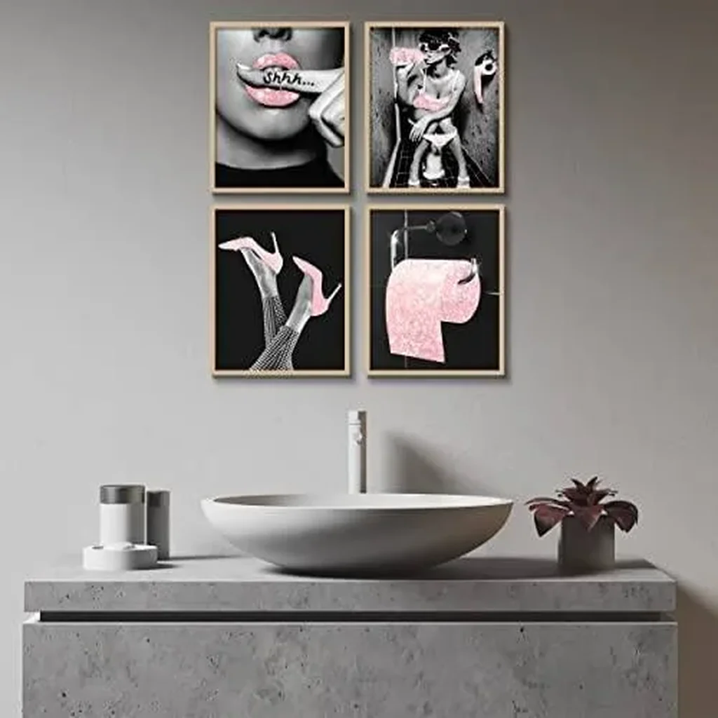 ALAYRA Fashion Wall Art Bathroom Decor Prints Set of 6 Pink Glam Glitter Tissue Canvas Posters Pictures Photos Bathroom Artwork Wall Black and White Modern Women Funny Bathroom (8"x10" UNFRAMED) 01 - Image 4