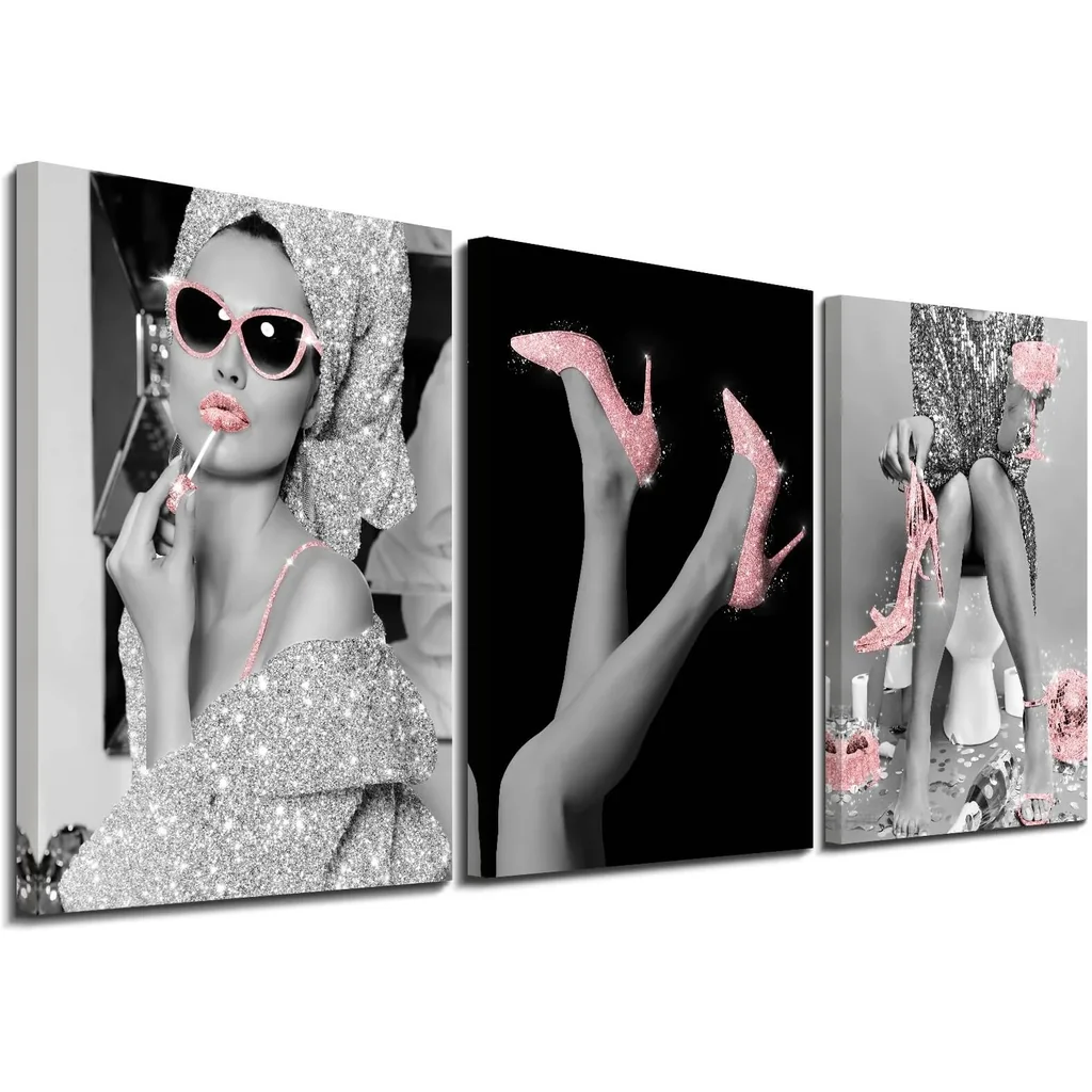 ALAYRA Fashion Wall Art Bathroom Pink Wall Decor, Modern Women Picture Photos Glittering Dress Canvas Wall Art, Pink Glam Glitter Canvas Posters, Funny Bathroom Artwork 01