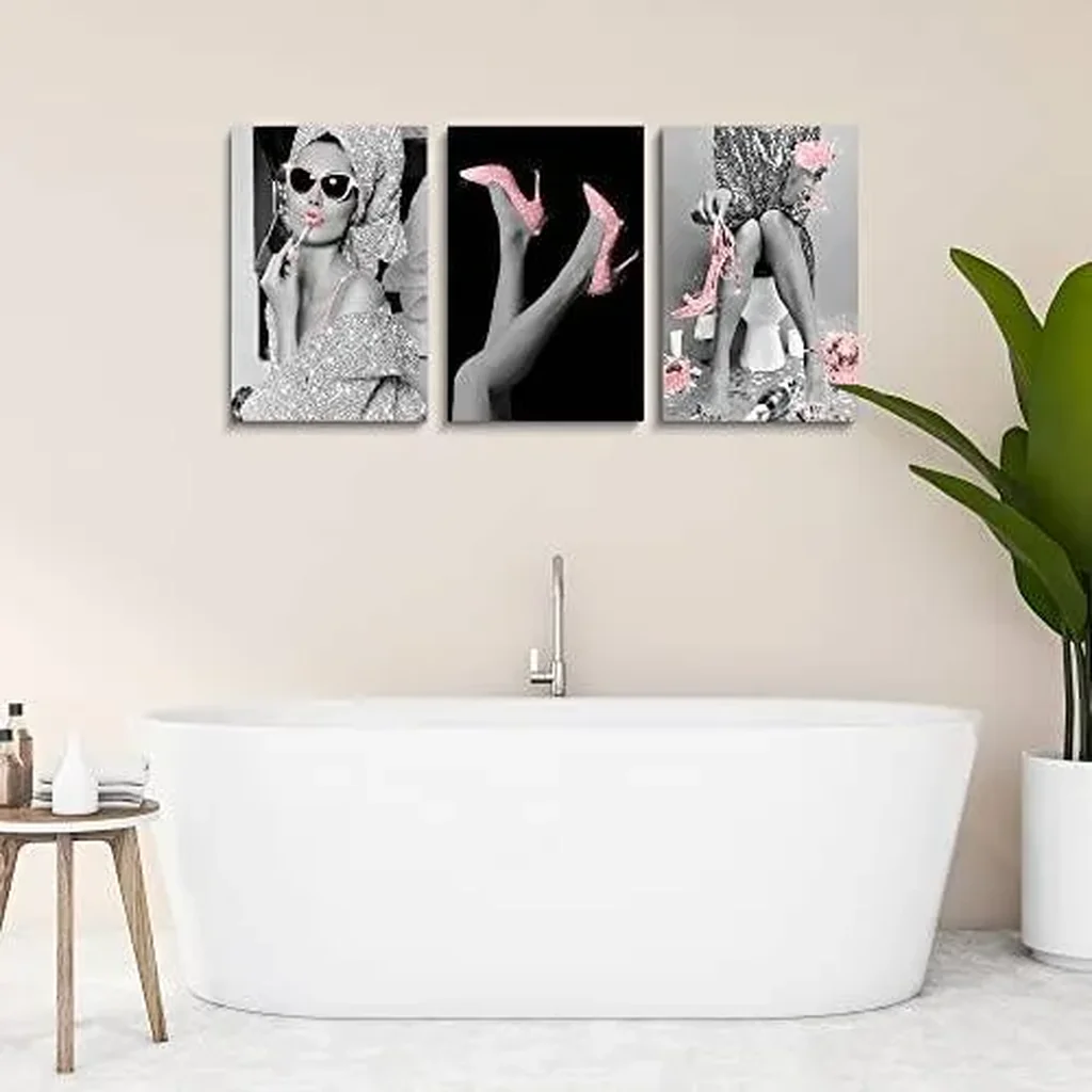 ALAYRA Fashion Wall Art Bathroom Pink Wall Decor, Modern Women Picture Photos Glittering Dress Canvas Wall Art, Pink Glam Glitter Canvas Posters, Funny Bathroom Artwork 01 - Image 2