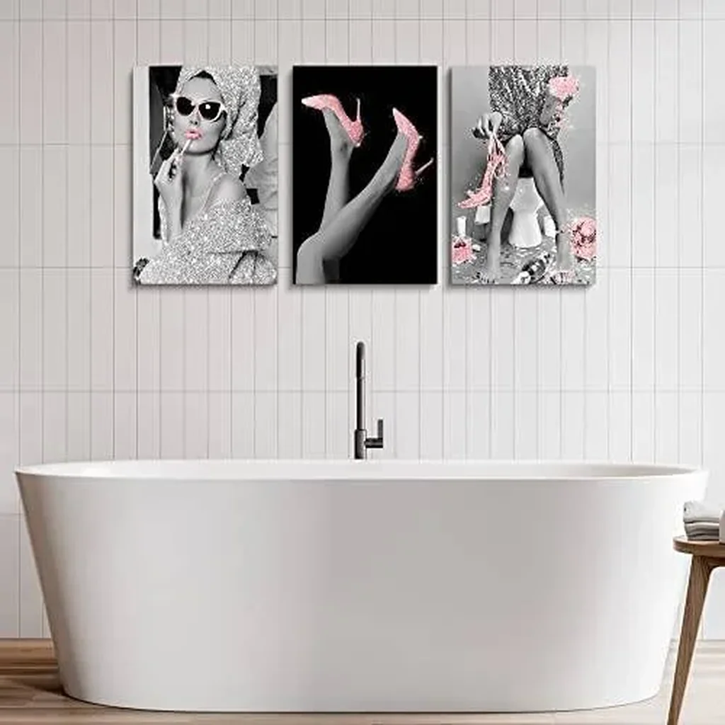 ALAYRA Fashion Wall Art Bathroom Pink Wall Decor, Modern Women Picture Photos Glittering Dress Canvas Wall Art, Pink Glam Glitter Canvas Posters, Funny Bathroom Artwork 01 - Image 3