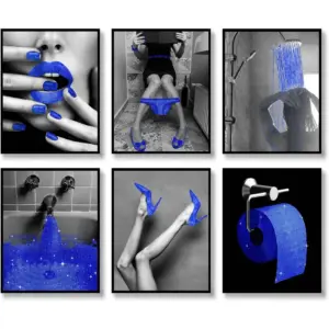 ALAYRA Fashion Wall Art Bathroom Wall Decor Prints Blue Glam Glitter Tissue Canvas Posters Photos Bathroom Pictures Artwork Black and White Modern Women Funny Bathroom (Blue, 11"x14" UNFRAMED) 01