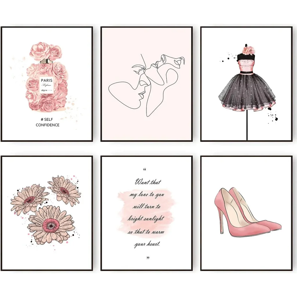 ALAYRA Fashion Wall Art Prints Minimalist Wall Decor Line Love Theme Gallery Wall Art Poster Dress High Heel Daisy Flower Perfume Elements Fashion Motto Art Decor (8"x10" UNFRAMED) 01