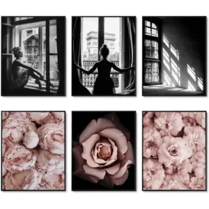 ALAYRA Fashion Wall Art Prints Set of 6 Black and White Art Pink Roses Flower Wall Art Floral Trendy Posters Prints Canvas Art Pictures Bedroom Decor for Girls Room Decor (8"x10" UNFRAMED) 01