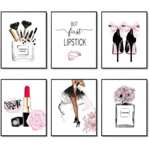 ALAYRA Fashion Wall Art Prints Set of 6 Pink Room Decor Pictures Wall Decor Canvas Art Posters Perfume Lipstick Makeup Wall Decor Artwork Girls Room Pictures for Bedroom (8"x10" UNFRAMED) 01