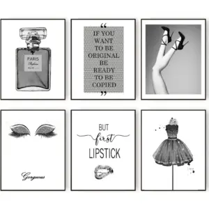 ALAYRA Fashion Wall Art Prints Silver Grey Room Decor Glitter Black Dress Wall Decor Art Posters Perfume Bottle Lipstick Eye Shadow Makeup Girls Room Pictures (8"x10" UNFRAMED) 01