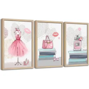 ALAYRA Fashion Wall Art-Framed Wall Art For Bedroom-Designer Wall Art-Makeup Room Decor-Teen Girl Room Decor Aesthetic-Pink Wall Decor-3 Piece With Light Color Solid Wood Framed Artwork 16x24 01