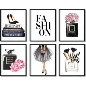 ALAYRA Fashion Woman Picture Wall Arts Black And Pink Fashionable Pictures Decorations Handbag Flower High Heels Cosmetics Prints Glam Paintings For Girls Bedroom Bathroom Decor 8x10Inches UNFRAMED 01