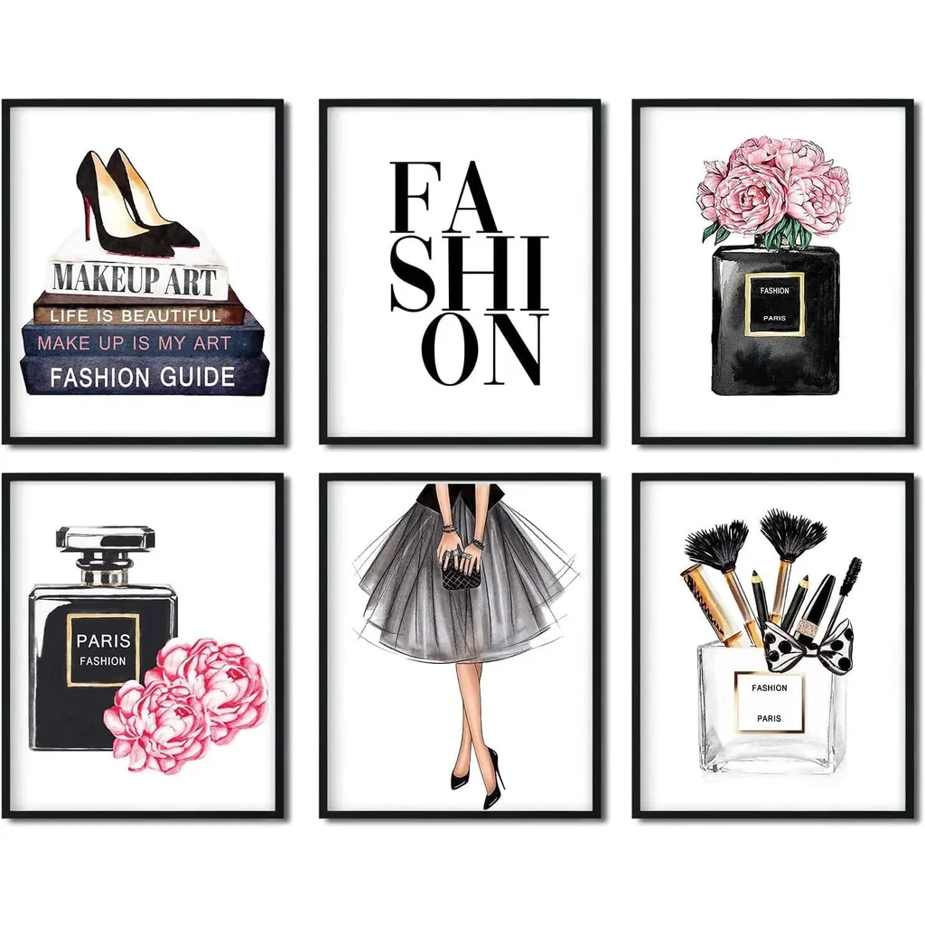 ALAYRA Fashion Woman Picture Wall Arts Black And Pink Fashionable Pictures Decorations Handbag Flower High Heels Cosmetics Prints Glam Paintings For Girls Bedroom Bathroom Decor 8x10Inches UNFRAMED 01