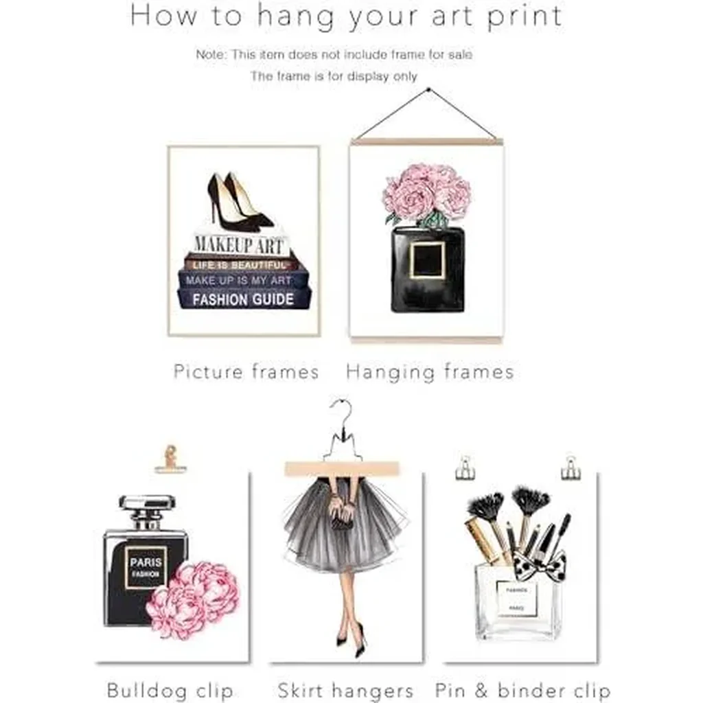 ALAYRA Fashion Woman Picture Wall Arts Black And Pink Fashionable Pictures Decorations Handbag Flower High Heels Cosmetics Prints Glam Paintings For Girls Bedroom Bathroom Decor 8x10Inches UNFRAMED 01 - Image 2