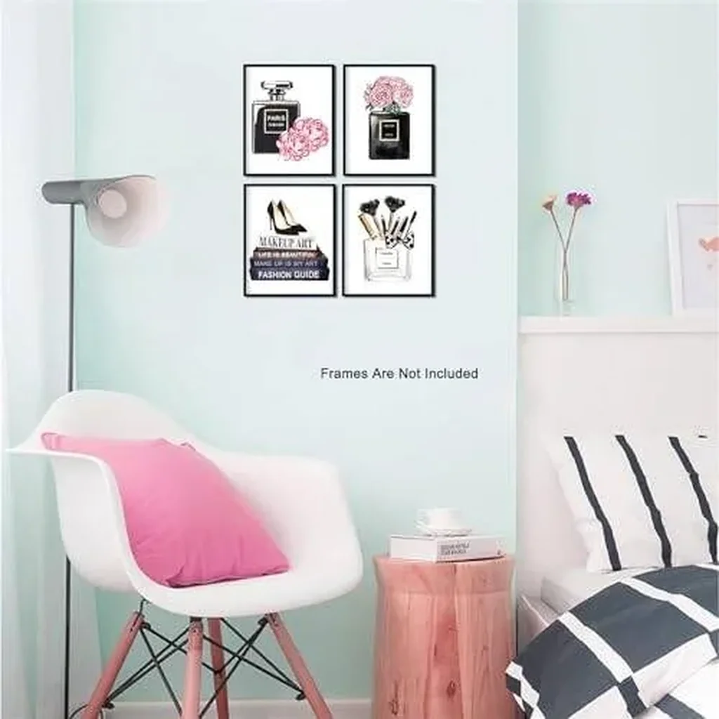ALAYRA Fashion Woman Picture Wall Arts Black And Pink Fashionable Pictures Decorations Handbag Flower High Heels Cosmetics Prints Glam Paintings For Girls Bedroom Bathroom Decor 8x10Inches UNFRAMED 01 - Image 4