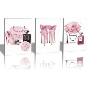 ALAYRA Fashion Women Art Print Pink High Heels Flowers Painting Set of 3 Pieces (11.8x15.6inch) Canvas Perfume Poster With Framed Ready to Hang for Girls Gift Bedroom Dressing room 01