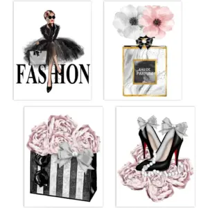 ALAYRA Fashion Women Canvas Wall Art, Girls Bedroom Decor, Pink Flowers Modern Art Posters, Perfume Handbags High Heels Prints Unframed Pictures Paintings, Room 8x12'' 01