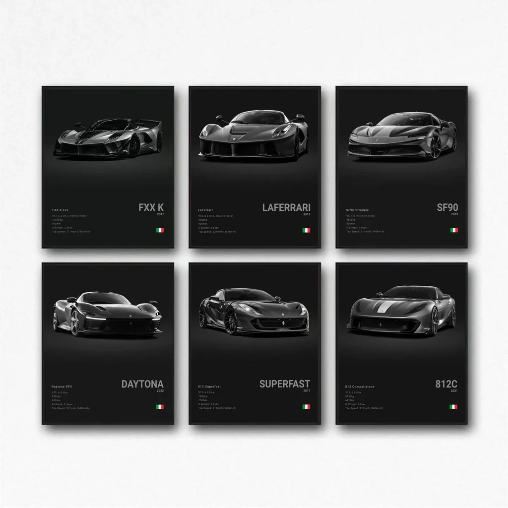 ALAYRA Ferrari Poster LaFerrari F40 Posters Racing Car Canvas Wall Art Vintage Super Car Poster For Boy's Bedroom Aesthetic (Unframed 8x12 Inch) - Ferrari-Black 01