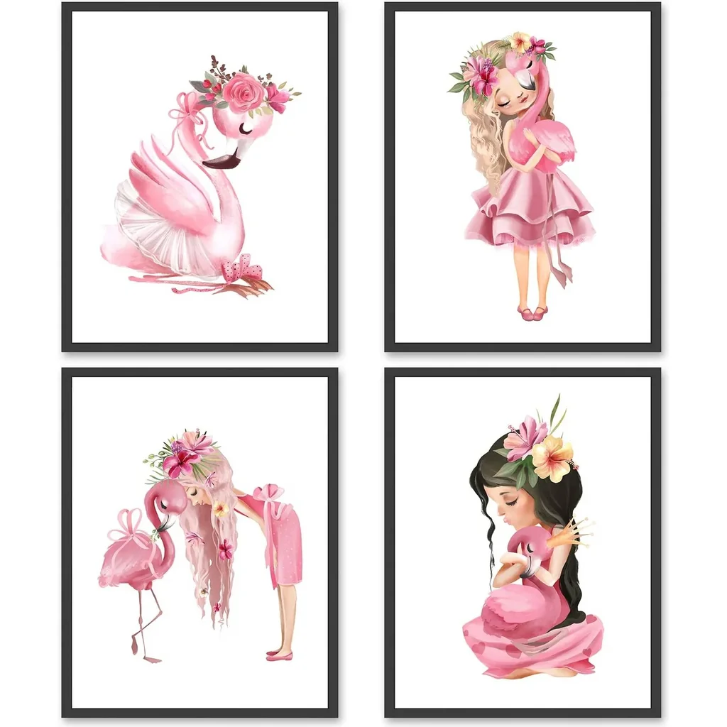 ALAYRA Flamingo Girl Wall Art Canvas Prints - Pink Picture Princess Floral Animal Decor Poster for Baby Shower Bathroom Nursery Room Home Living Teen Bedroom Wall Decor Set of 4 Unframed 8x10inch 01 - Image 2