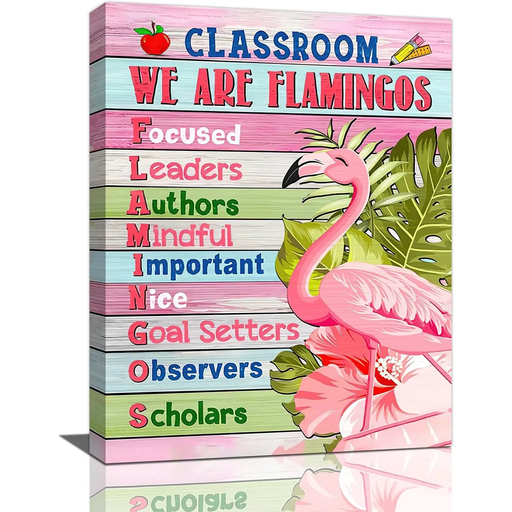 ALAYRA Flamingo Wall Art Summer Tropical Flamingo Pictures Canvas Prints Wall Decor Class Rules Decoration Artwork for Classroom Nursery Ready to Hang 12"x16" 01