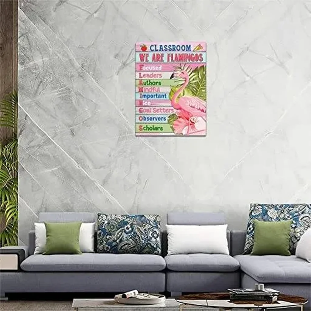 ALAYRA Flamingo Wall Art Summer Tropical Flamingo Pictures Canvas Prints Wall Decor Class Rules Decoration Artwork for Classroom Nursery Ready to Hang 12"x16" 01 - Image 2