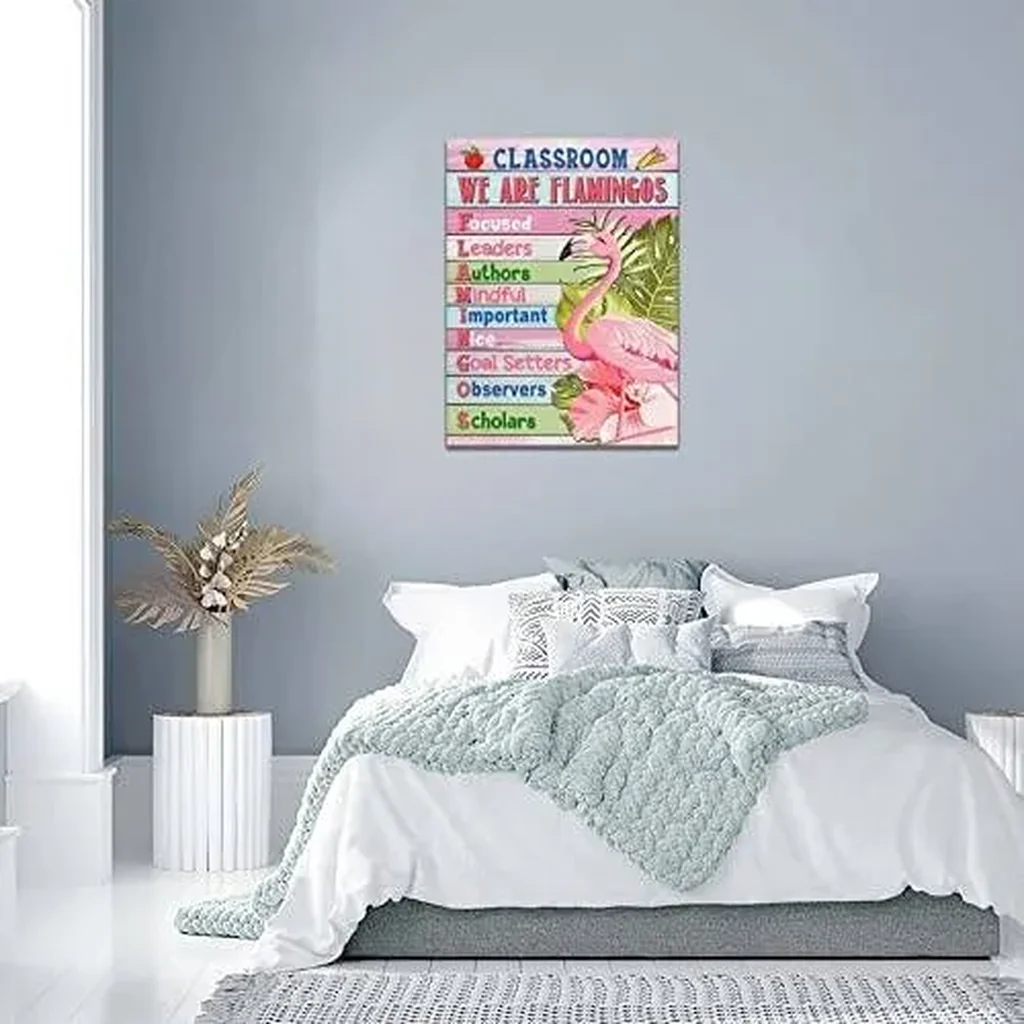 ALAYRA Flamingo Wall Art Summer Tropical Flamingo Pictures Canvas Prints Wall Decor Class Rules Decoration Artwork for Classroom Nursery Ready to Hang 12"x16" 01 - Image 4