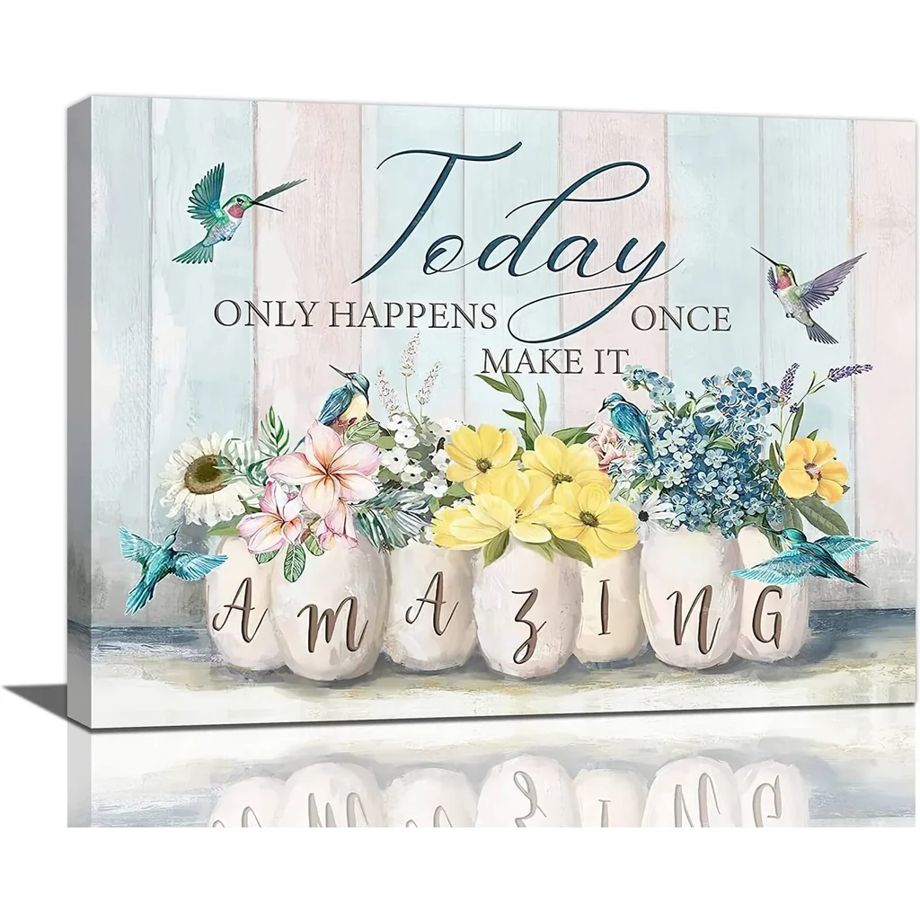 ALAYRA Floral Bathroom Wall Art Country Flower Hummingbird Pictures Wall Decor Inspirational Quotes Canvas Prints Artwork Painting Home Decoration for Kitchen Bedroom Living Room Framed 12"x16" 01