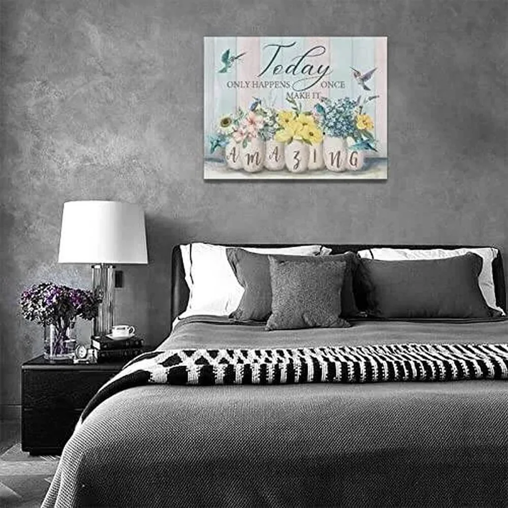 ALAYRA Floral Bathroom Wall Art Country Flower Hummingbird Pictures Wall Decor Inspirational Quotes Canvas Prints Artwork Painting Home Decoration for Kitchen Bedroom Living Room Framed 12"x16" 01 - Image 4