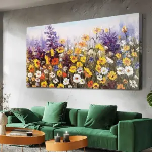 ALAYRA Floral Canvas Wall Art Daisy Colorful Bloosom Flower Purple Painting Modern Landscape Picture Framed Artwork Ready to Hang for Living Room Bedroom Bathroom Office Home Decor 48" x24" One Panel