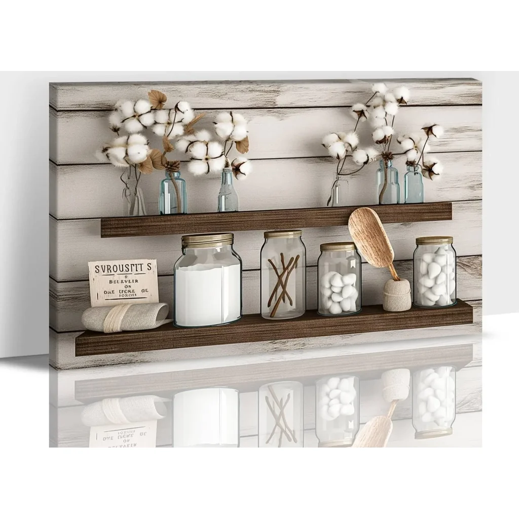 ALAYRA Flower Bathroom Wall Art, Rustic Mason Jar & Floral Nature Canvas Painting Pictures for Bedroom Decor, Framed Inspirational Elegance Wildflower Prints Posters for Living Room Artwork 12x18 Inch