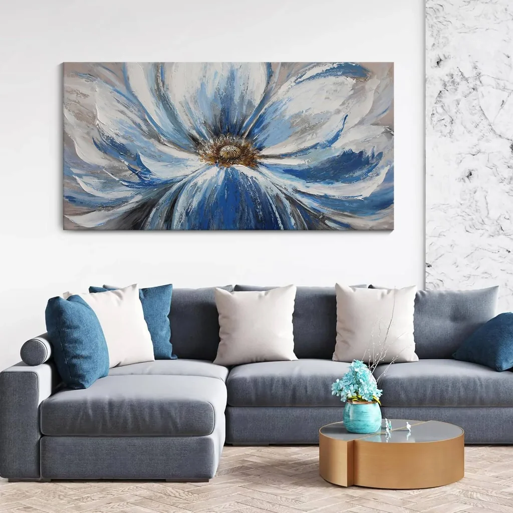 ALAYRA Flower Canvas Wall Art for Living Room Large White Blue Flower Picture Giclee Print Painting Wall Decor Framed Artwork Ready to Hang for Home Bedroom Wall Decoration Size 24x48 01