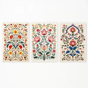 ALAYRA Flower Canvas Wall Art, 3 Piece 12x16in Indian Folk Art Prints, Indian Floral Painting Poster, Colorful Vintage Botanical Plant Pictures for Gallery Wall Artwork Living Room Unframed 01