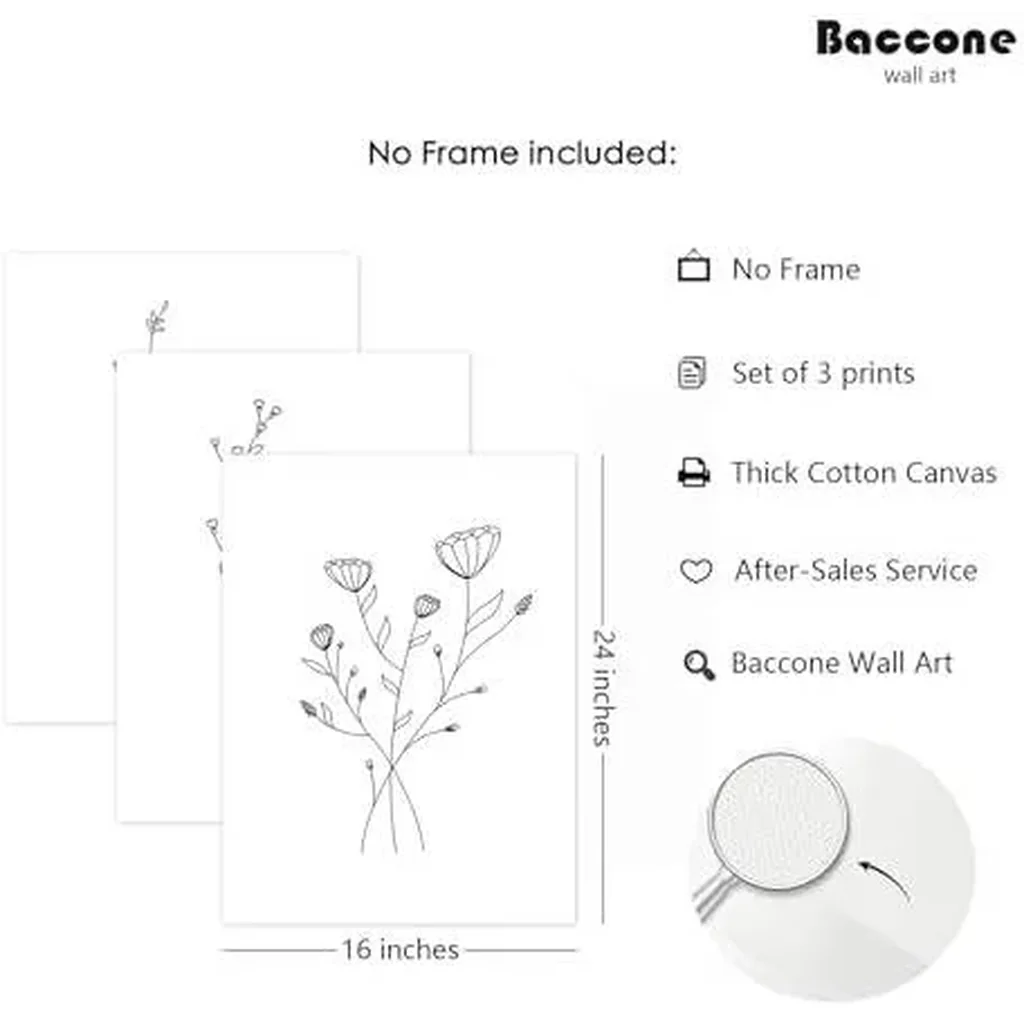 ALAYRA Flower Line Wall Art Set of 3 Botanical Canvas Wall Decor Floral Minimalist Wall Art Abstract Plant Pictures Flower Line Prints Black White Floral Artwork for Room Bedroom 16x24 Inch Unframed 0 - Image 2
