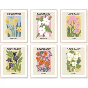 ALAYRA Flower Market Gallery Wall Set of 6, Vintage Botanical Floral Canvas Wall Prints Poster Boho Minimalist Retro Kitchen Home Decor (8"x10" UNFRAMED) 01