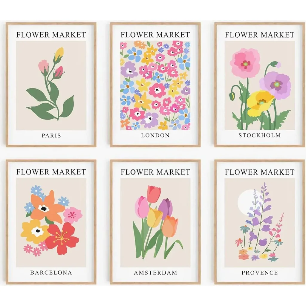 ALAYRA Flower Market Poster Set of 6, 8x10 Inch Matisse Poster Flower Market Canvas Art Prints UNFRAMED, Abstract Floral Wall Art Modern Abstract Wall Art for Living Room Dcor (Black Frame) 01