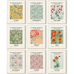 ALAYRA Flower Market Poster Set of 9, Abstract Flower Market Wall Art Prints for Room Aesthetic, Vintage Colorful Floral Wall Art Decor, Boho Room Decor(8x10inch, Unframed 01