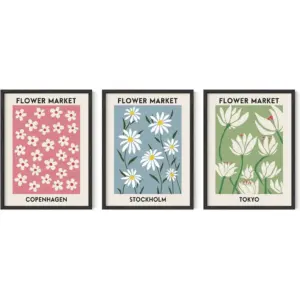 ALAYRA Flower Market Posters Set of 3 Floral Prints, Danish Pastel Wall Art, Aesthetic Flower Posters, Pastel Blue, Pink, and Green Prints (12x16 Unframed) 01