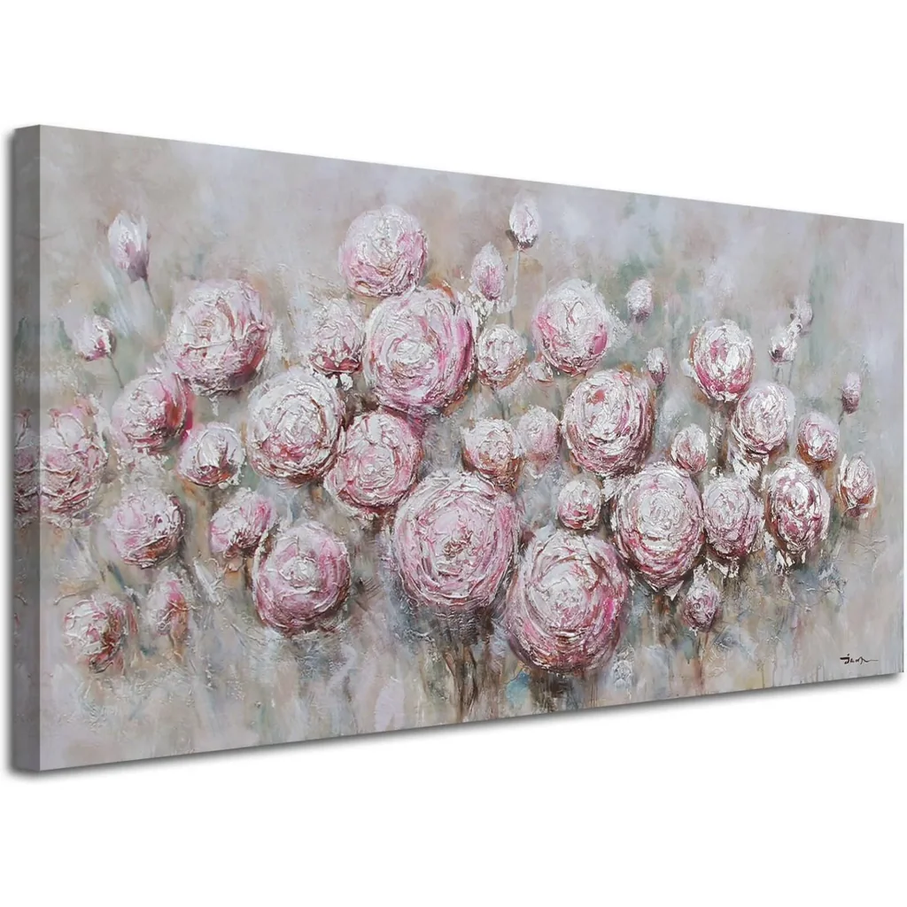 ALAYRA Flowers Painting Abstract Canvas Wall Art Gray Pink Rose Textured Picture, Spring Florals Print Artwork Large Frame for Bedroom Living Room Kitchen Bathroom Office Home Decor 48"x24" 01