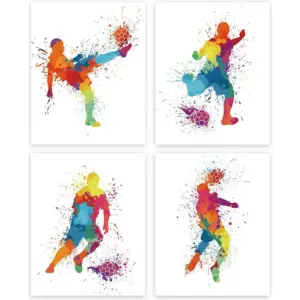 ALAYRA Football Art Print, Soccer Player Art Picture Poster, Set of 4 (8" X 10") Football Pictures Canvas, Abstract Sport Wall Art Picture For Boys Teens Room Living Room Children Dorm Decor Unframed