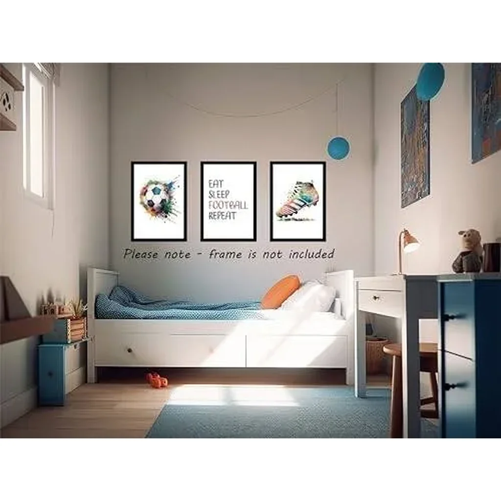 ALAYRA Football Set of 3 Unframed Prints - Boots and Ball With Quote Posters, Multi Watercolour Splash, Boys Girls Bedroom Wall Art, Soccer Decor, Eat Sleep Football Repeat (A4) 01 - Image 3